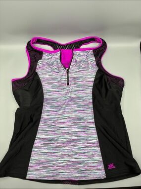 ZeroXposur Black & Pink Racerback Swim Tank with Front Zip